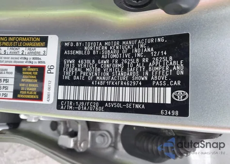 2015 Toyota Camry Le из США, поврежденный, VIN 4T4BF1FK4FR462974